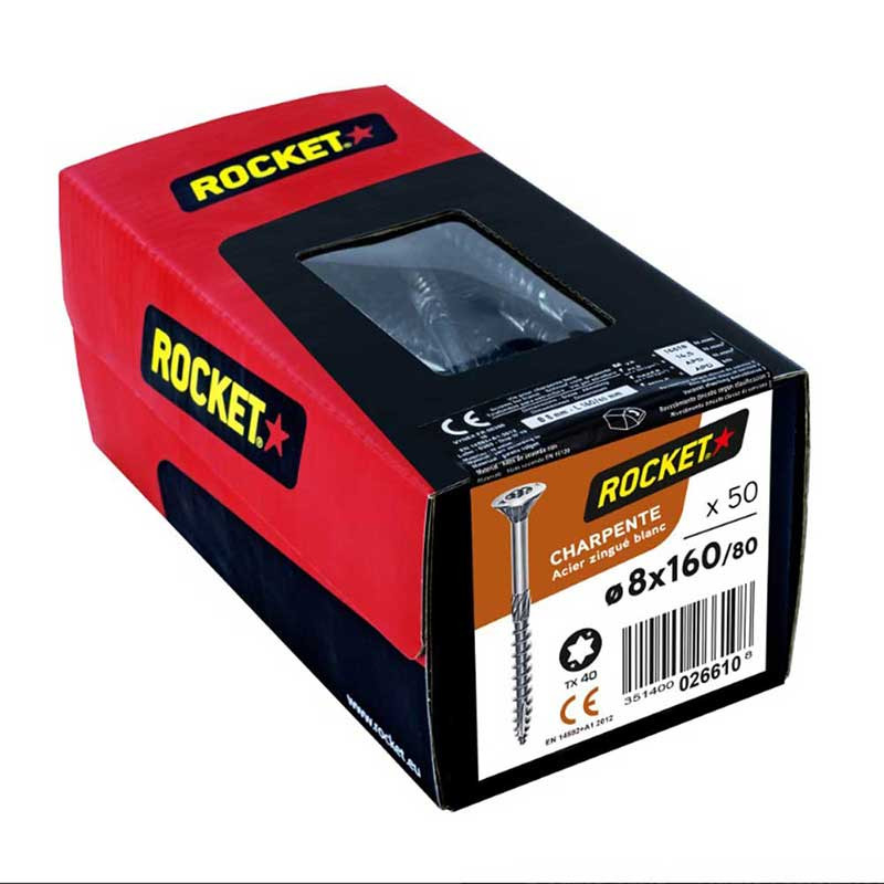 300 Vis à Bois Rocket 5x100 Mm Tête Fraisée Torx T25 – Acier Zingué Pour Charpente